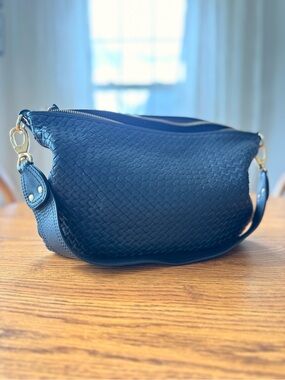 Quince Black Woven Italian Leather Shoulder Bag with Gold Hardware